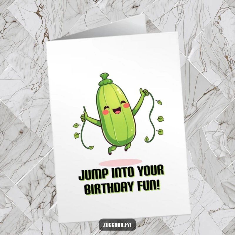 Funny Free Printable Birthday Card: A giggling zucchini energetically jumps rope with a vine, full of birthday spirit.