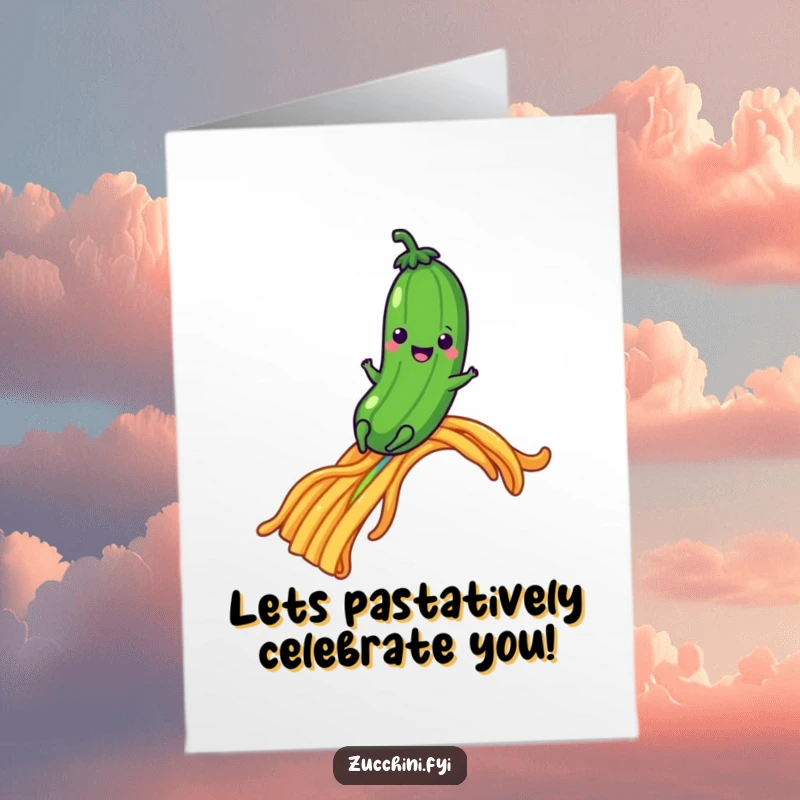 Funny Free Printable birthday card featuring a happy zucchini sliding down a rainbow made of pasta, embodying pure birthday joy.