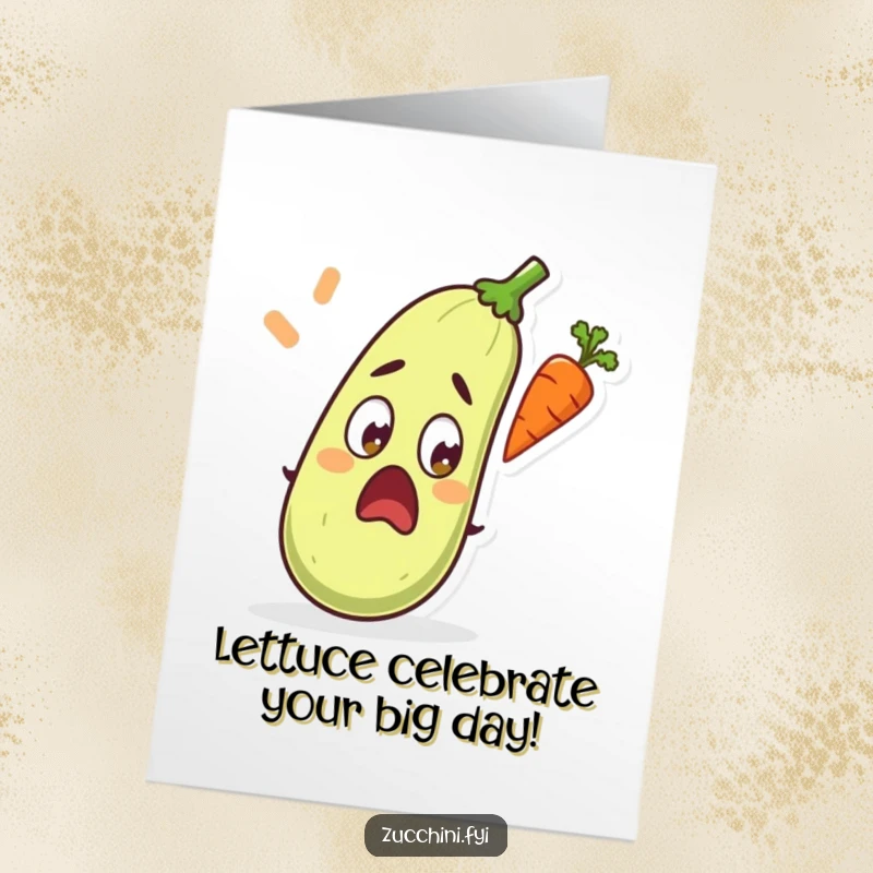 Funny Free Printable Birthday Card: A shocked zucchini stares wide-eyed at a mischievous flying carrot, perfect for laughs.