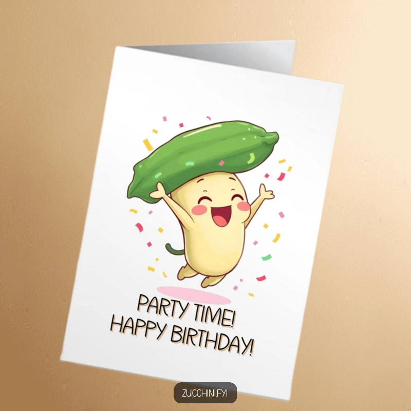 Funny Free Printable Birthday Card: Zucchini character leaping high in the air, joyfully showering colorful confetti.