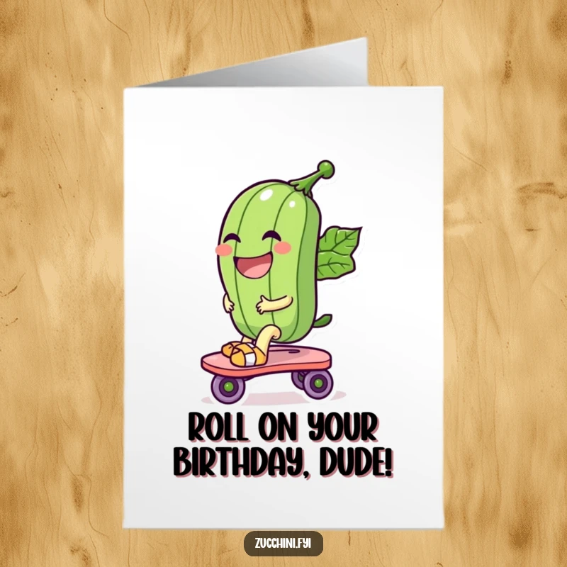 Funny Free Printable Birthday Card: A laughing zucchini speeds along on a leaf roller skate, radiating birthday joy.