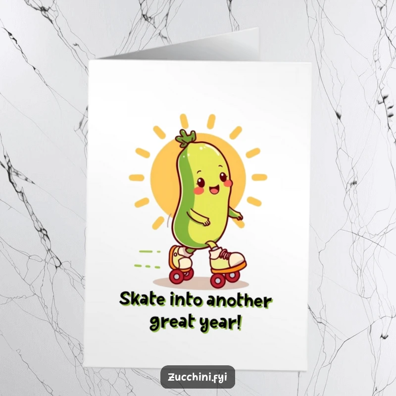 Funny Free Printable Birthday Card: Zucchini on Roller Skates Speeding Past Sun, a Joyful and Humorous Greeting