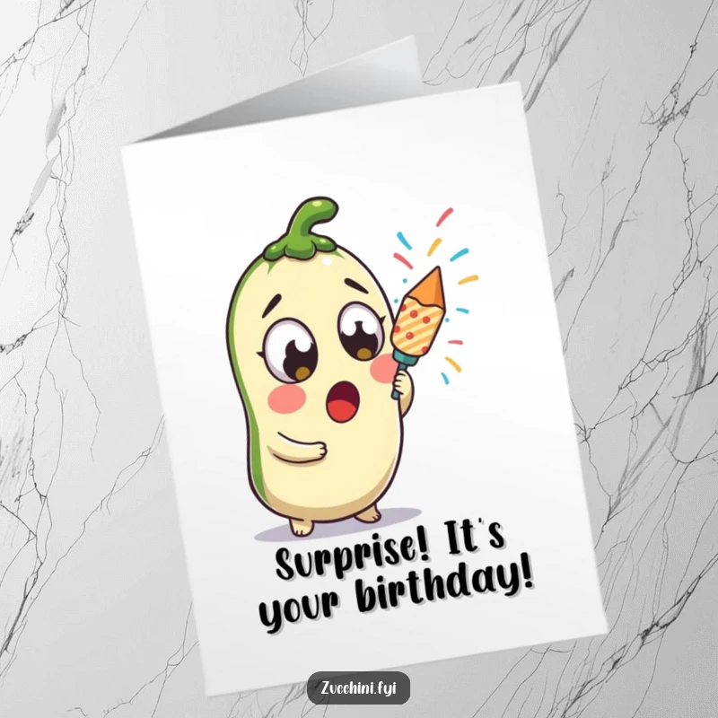 Funny Free Printable Birthday Card: A surprised kawaii zucchini with wide eyes joyfully holding a confetti popper, ready to celebrate.