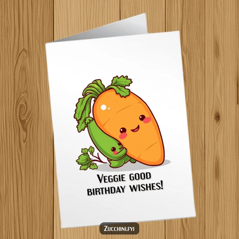 Funny Free Printable Birthday Card: Sneaky zucchini peeks from behind a giant, smiling carrot. A playful and humorous birthday wish.