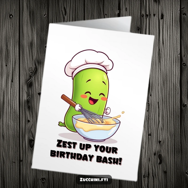 Funny Free Printable birthday card featuring a smiling chef zucchini in a hat whisking batter with pure joy.