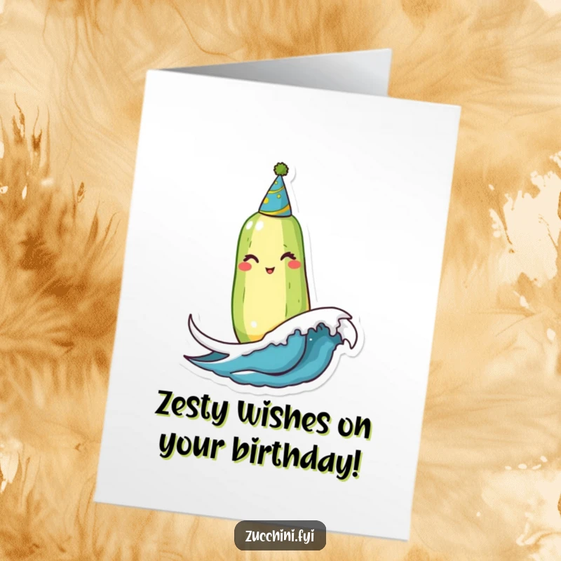 Funny free printable birthday card: Winking zucchini in party hat bobs on a wave, ready to celebrate your special day.