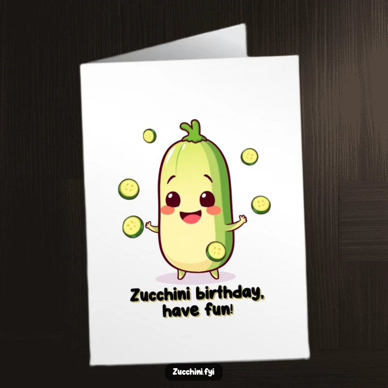 Funny Free Printable Kawaii Zucchini Birthday Card: Happy zucchini juggling slices, a playful and downloadable greeting.