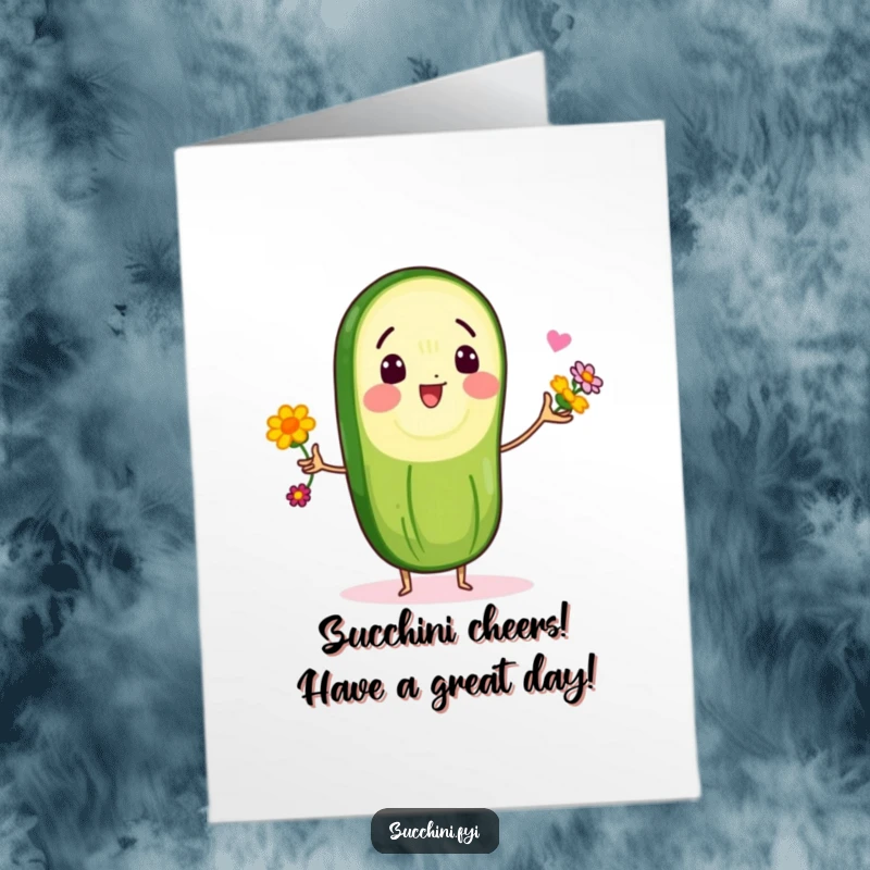 Funny Free Printable Birthday Card: Delighted zucchini slice character joyfully juggling tiny edible flowers, spreading birthday cheer.