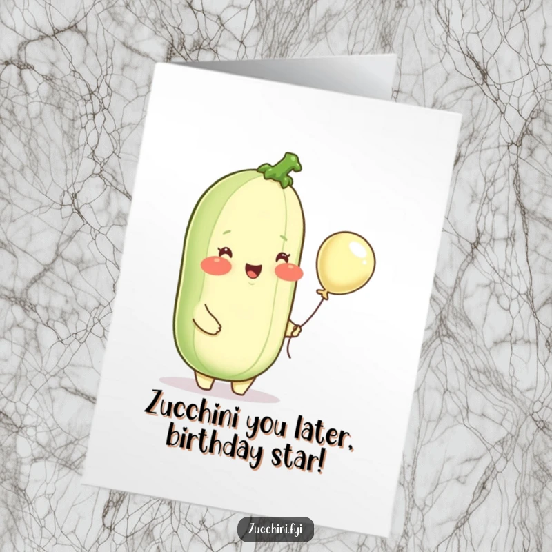 Funny Free Printable Birthday Card: Delighted zucchini with rosy cheeks holding a tiny balloon, perfect for a whimsical celebration download.