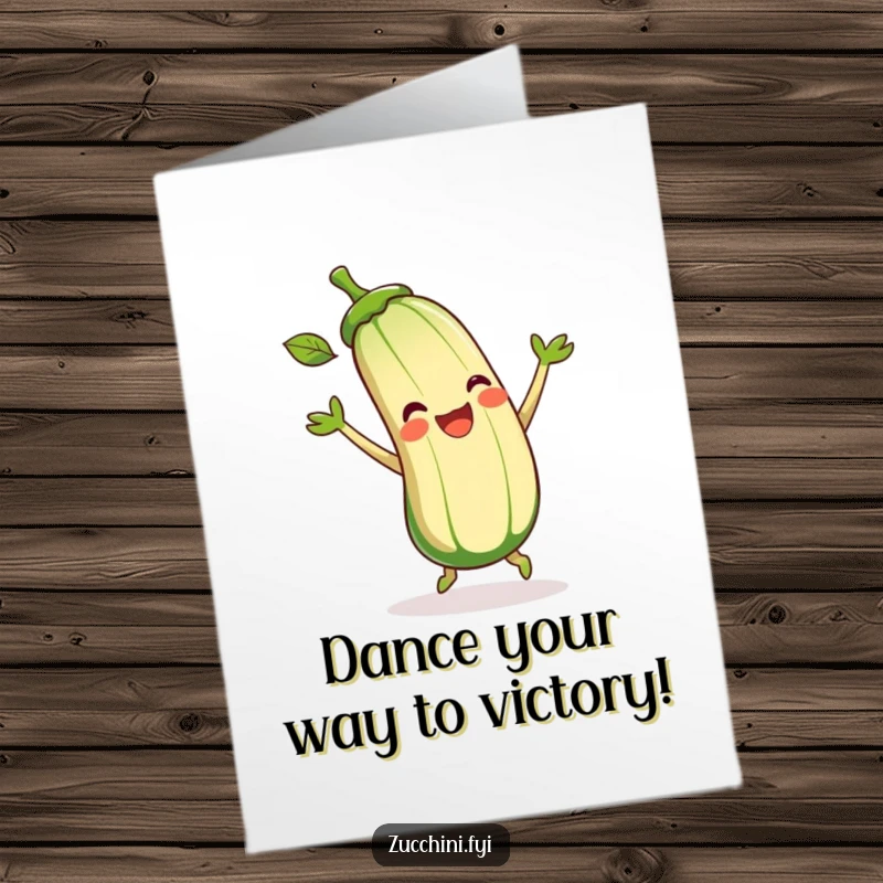 Funny Free Printable Congratulations Card showing a delighted zucchini doing a joyful little dance, celebrating success with leafy enthusiasm.