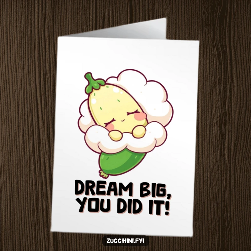 Funny Free Printable Congrats Card: Sleepy zucchini riding a cloud, a hilarious downloadable for sweet success.