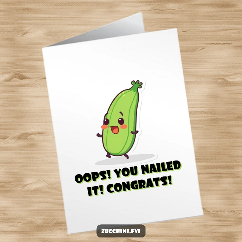 Funny Free Printable Congratulations Card: Wobbly Zucchini Character Surprised Mid-Trip, Grinning Awkwardly