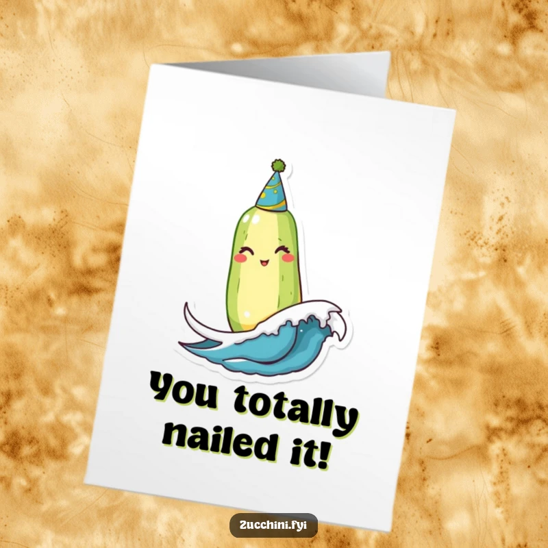 Funny free printable congratulations card: Winking zucchini with party hat bobs on a wave, sending cheer for your amazing achievement.