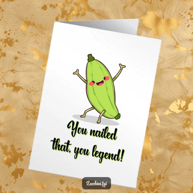 Funny Free Printable Congrats Card: A kawaii zucchini hilariously attempting a cartwheel, perfect for celebrating any occasion.