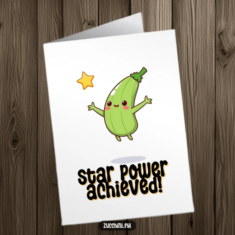 Funny free printable congratulations card: Jumping zucchini with arms outstretched catches a falling star, celebrating your bright success.