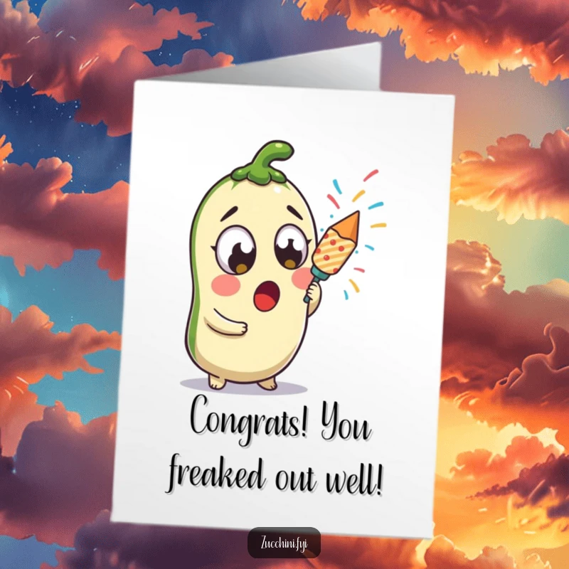Funny Free Printable Congrats Card: A kawaii zucchini with shocked eyes holding a confetti popper, a celebratory surprise.