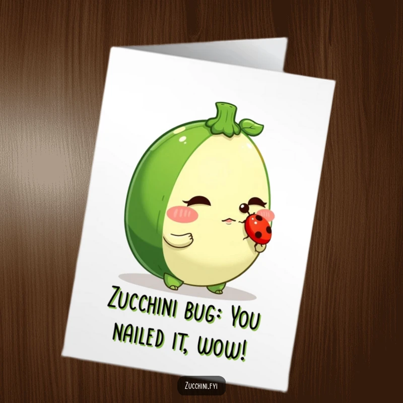 Funny Free Printable Congratulations Card: A determined zucchini character balances a tiny ladybug on its nose, celebrating skill.