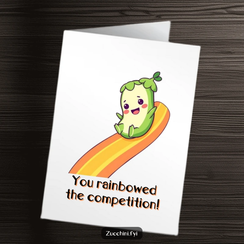 Funny free printable congratulations card: a happy zucchini slides down a bright rainbow, symbolizing a fantastic achievement.