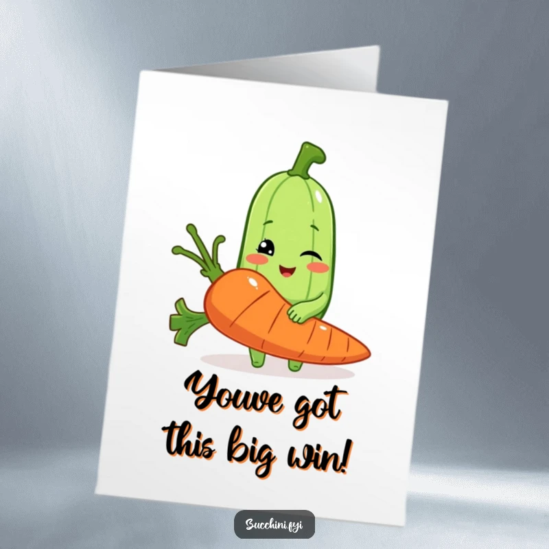 Funny Free Printable Congratulations Card: Winking zucchini showing off a comically enormous carrot, celebrating a major accomplishment.