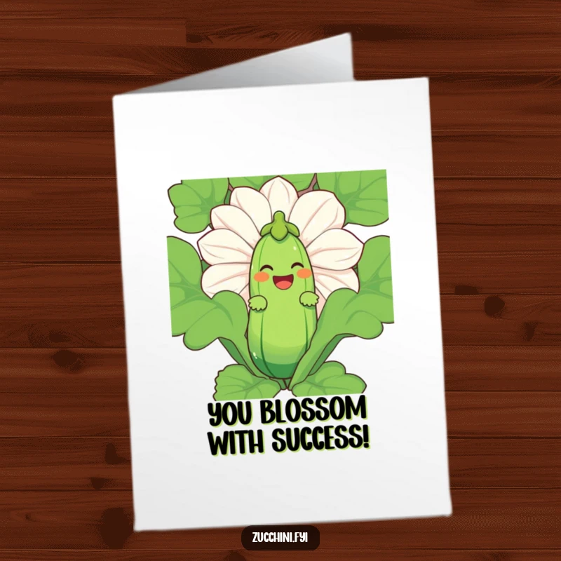 Funny Free Printable Congratulations Card of a laughing zucchini character peeking from behind a giant zucchini blossom