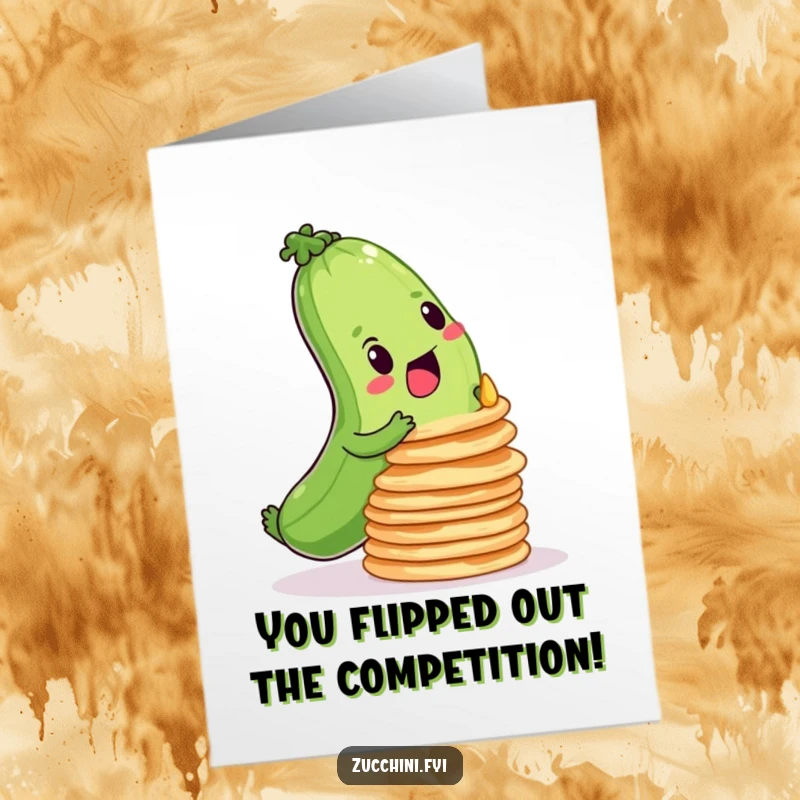 Funny Free Printable Congratulations Card: A zucchini focused on balancing a precarious stack of pancakes. Humorous downloadable art.