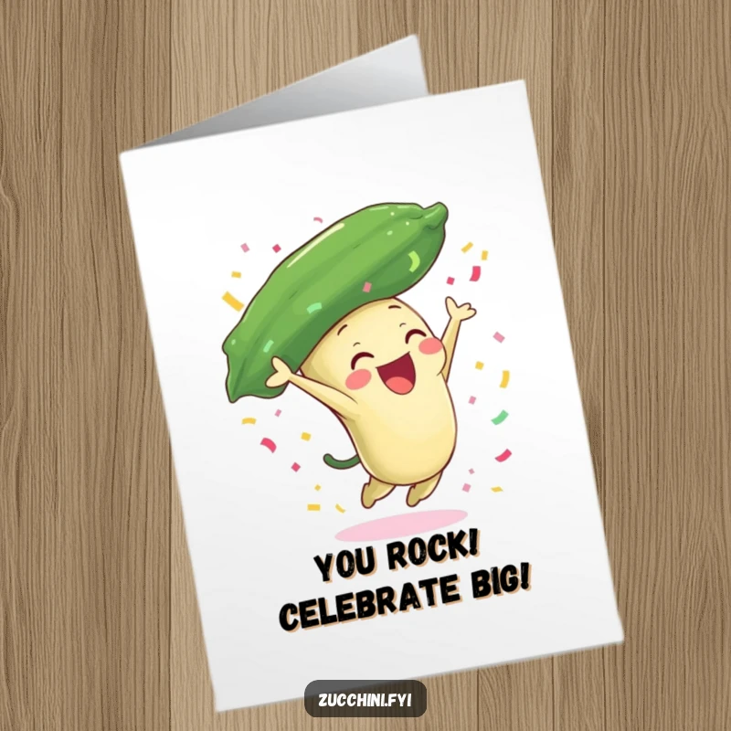 Funny Free Printable Congrats Card: Zucchini character leaping with extreme joy, showering a cascade of festive confetti.