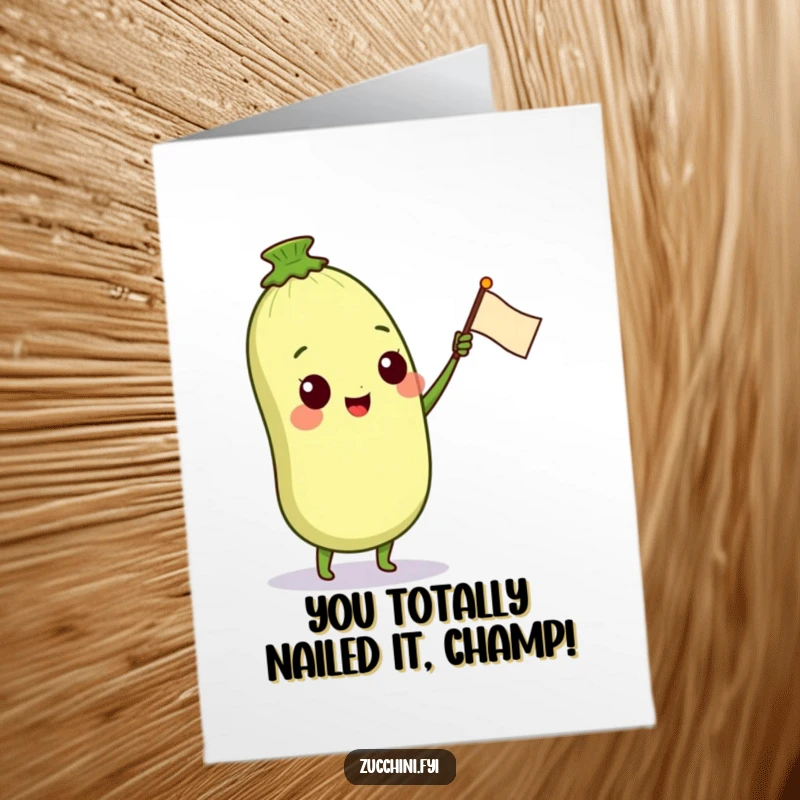 Funny Free Printable Congratulations Card: A happy zucchini character waves a tiny petal flag, celebrating a fantastic accomplishment with zest.