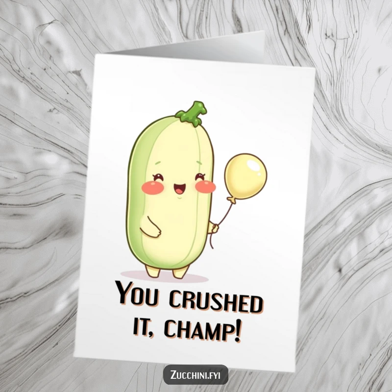 Funny Free Printable Congratulations Card: A cheerful zucchini mascot with rosy cheeks and a tiny balloon, celebrating success.