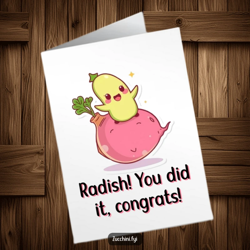 Funny Free Printable Giddy Zucchini Congratulations Card, bouncing with excitement on a giant radish, celebrating major milestones.