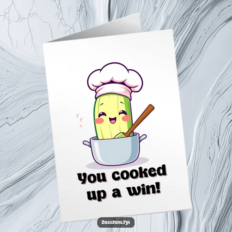 Free Printable Congratulations Card: A kawaii zucchini wearing a chef hat enthusiastically stirs a pot, celebrating culinary or life achievements.
