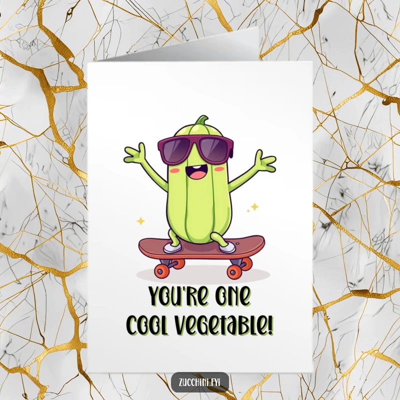 Free Printable Congratulations Card: A kawaii zucchini wearing sunglasses does a silly dance on a skateboard, celebrating achievements with flair.