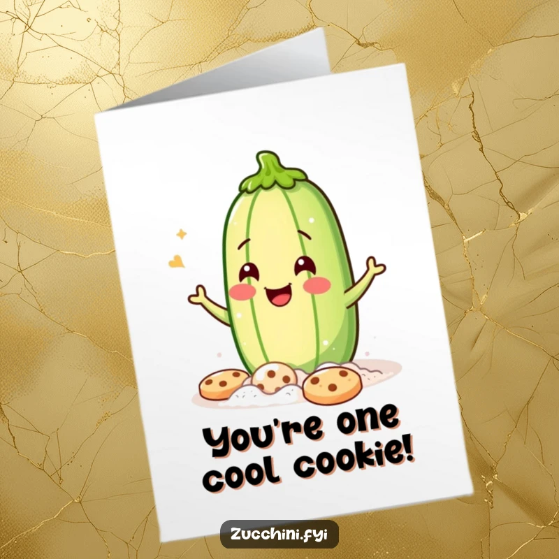 Funny Free Printable Congratulations Card showing a happy zucchini covered in flour, winking while baking cookies.