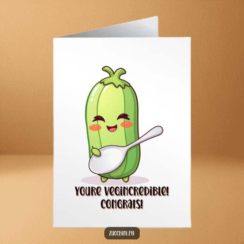 Funny Free Printable Zucchini Congrats Card showing a winking zucchini with a large spoon, celebrating a great achievement.