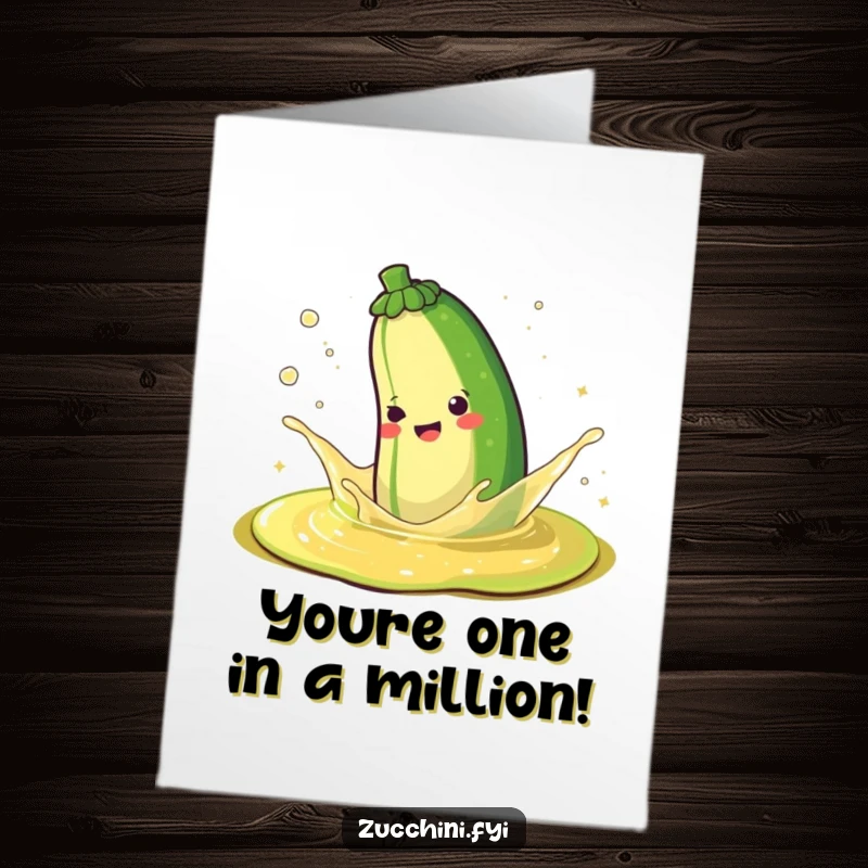 Funny free printable congratulations card depicting a happy zucchini splashing playfully in a pool of fizzy juice.