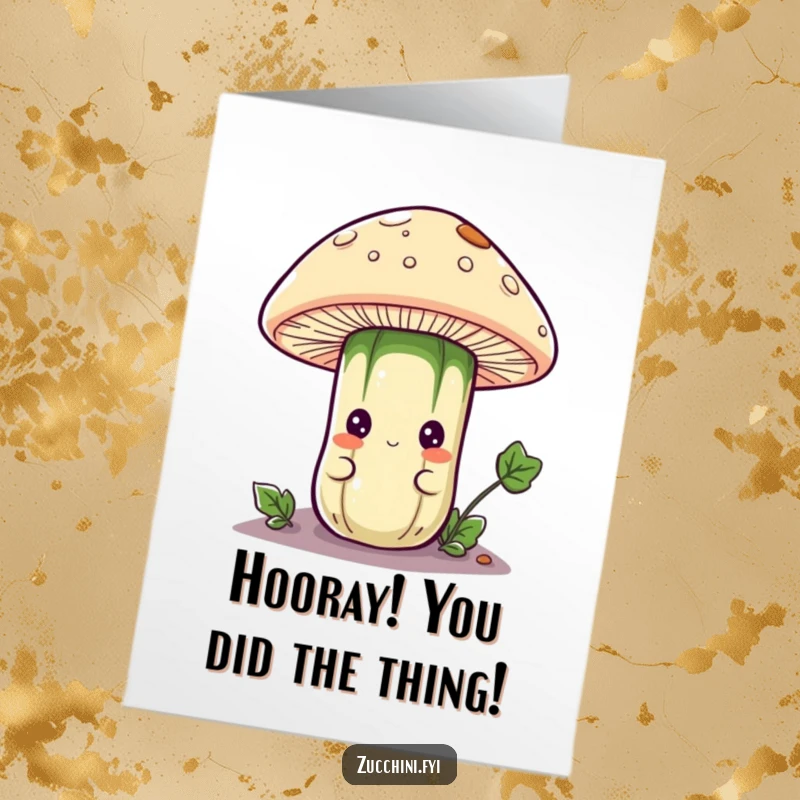 Funny Free Printable Congratulations Card: A curious zucchini character peeks out mischievously from under a mushroom cap, celebrating success with wit.