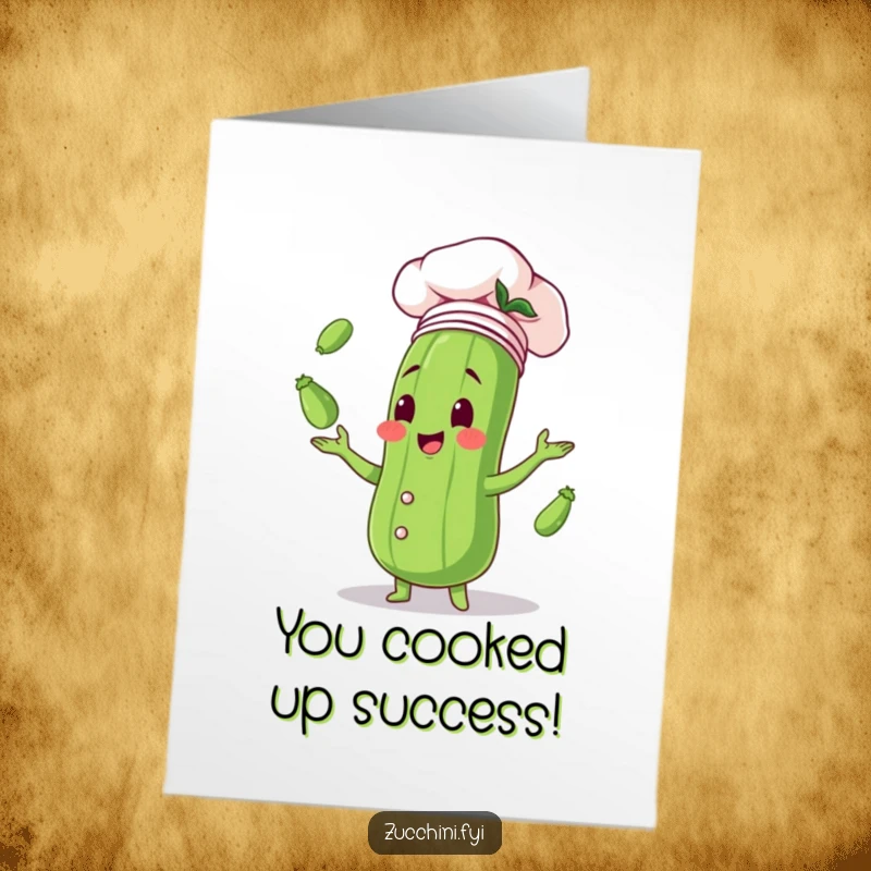 Funny free printable congratulations card: a zucchini chef wearing a tall hat joyfully juggles miniature zucchinis.