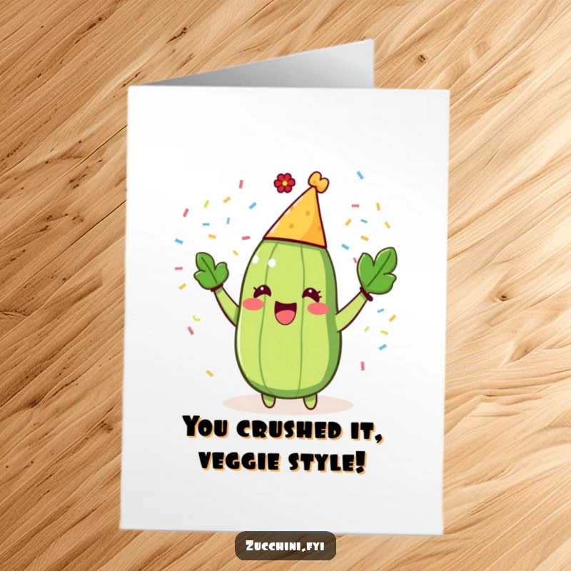 Funny Free Printable Congrats Card: Glee zucchini in a party hat showering confetti, a celebratory and humorous downloadable card.
