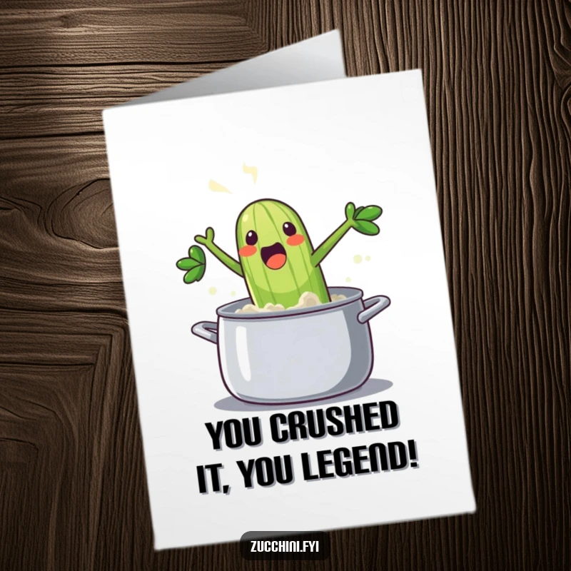 Funny Free Printable congratulations card featuring an excited zucchini diving into a pot, celebrating a big win with a splash.