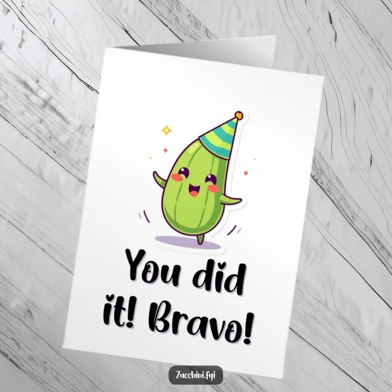 Free printable congratulations card showing a goofy zucchini in a party hat spinning wildly, perfect for any celebration.