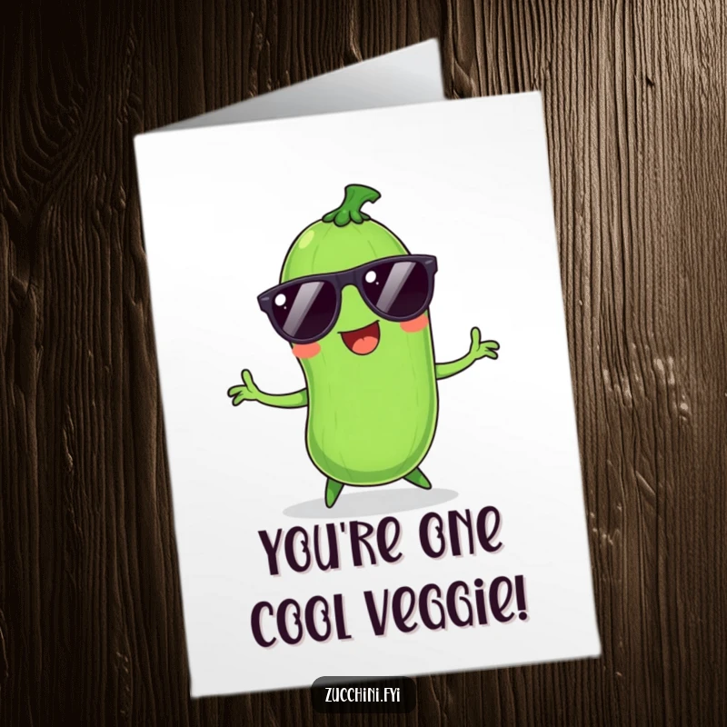 Funny Free Printable Congrats Card: A smiling zucchini wearing sunglasses, grooving and dancing with infectious, silly energy.