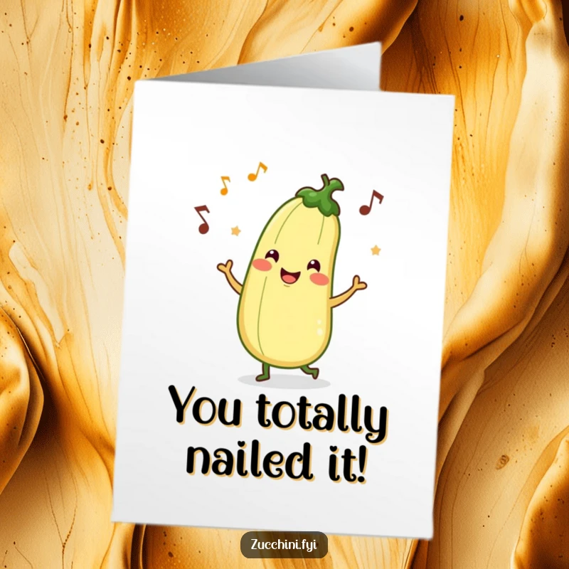 Funny free printable congratulations card featuring a smiling zucchini character performing a silly, joyful jig with musical notes.