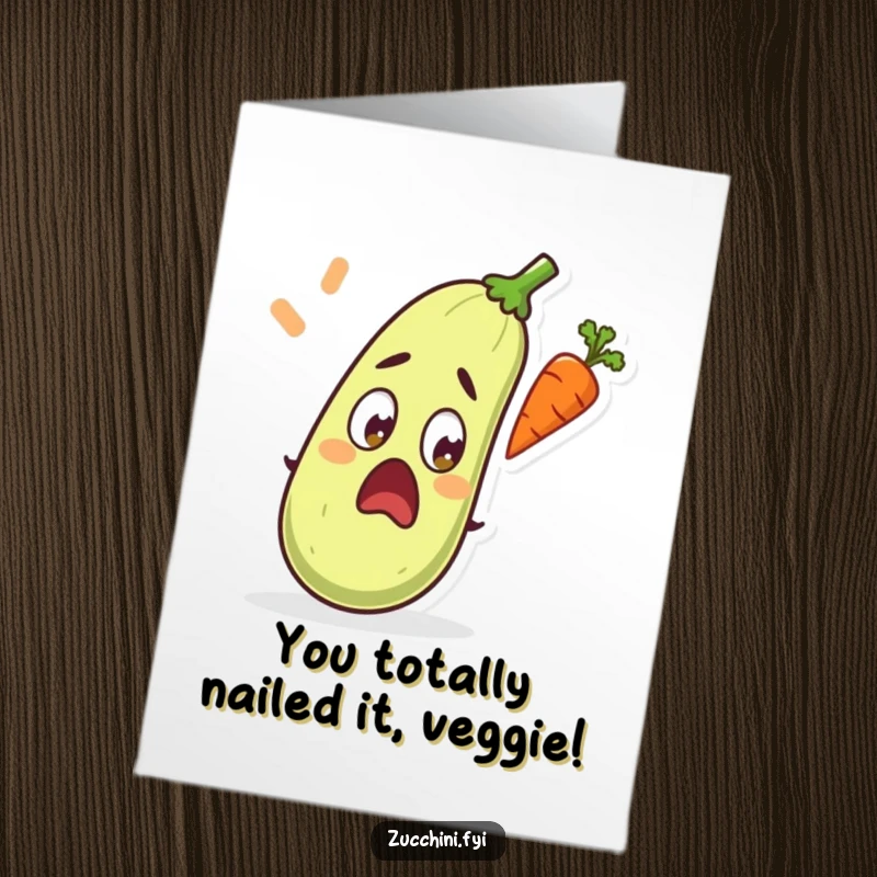 Funny Free Printable Congratulations Card: A startled zucchini witnesses a bizarre flying carrot, ideal for quirky celebrations.