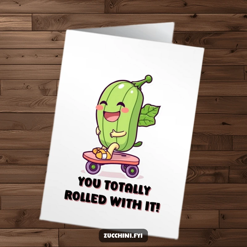 Funny Free Printable Congrats Card: A laughing zucchini glides on a leaf roller skate, celebrating a fantastic achievement.