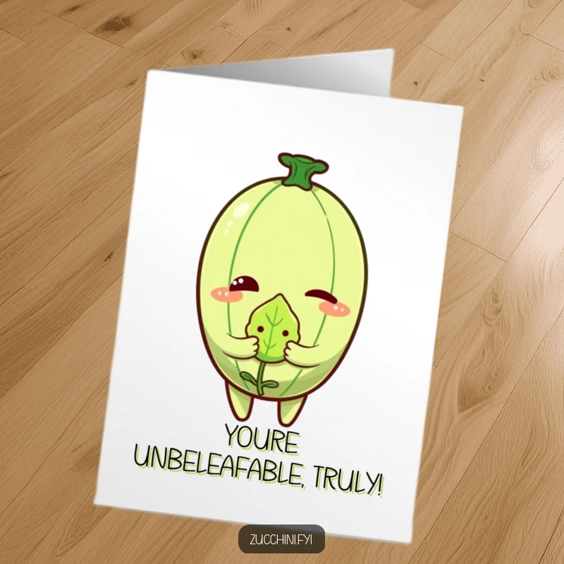 Funny Free Printable Congratulations Card of a zucchini character winking, holding a tiny, embarrassed leaf