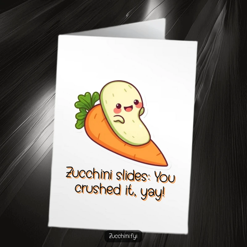 Funny Free Printable Congratulations Card: A playful zucchini character slides down a carrot, celebrating silly success.