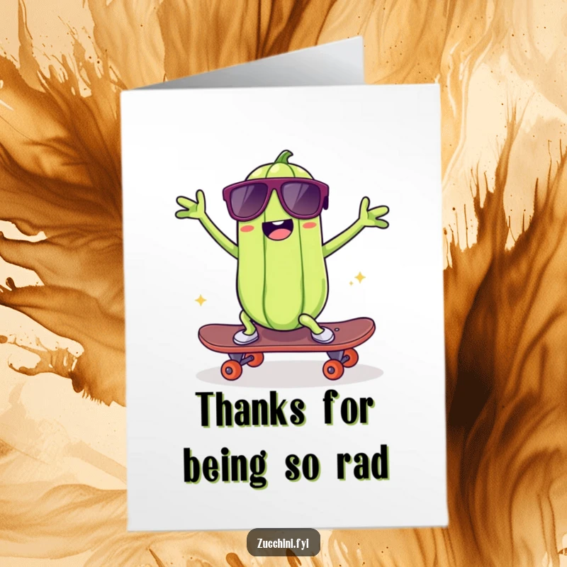 Funny Free Printable Thank You Card: Kawaii zucchini in sunglasses dances on a skateboard, delivering thanks with energetic silliness.