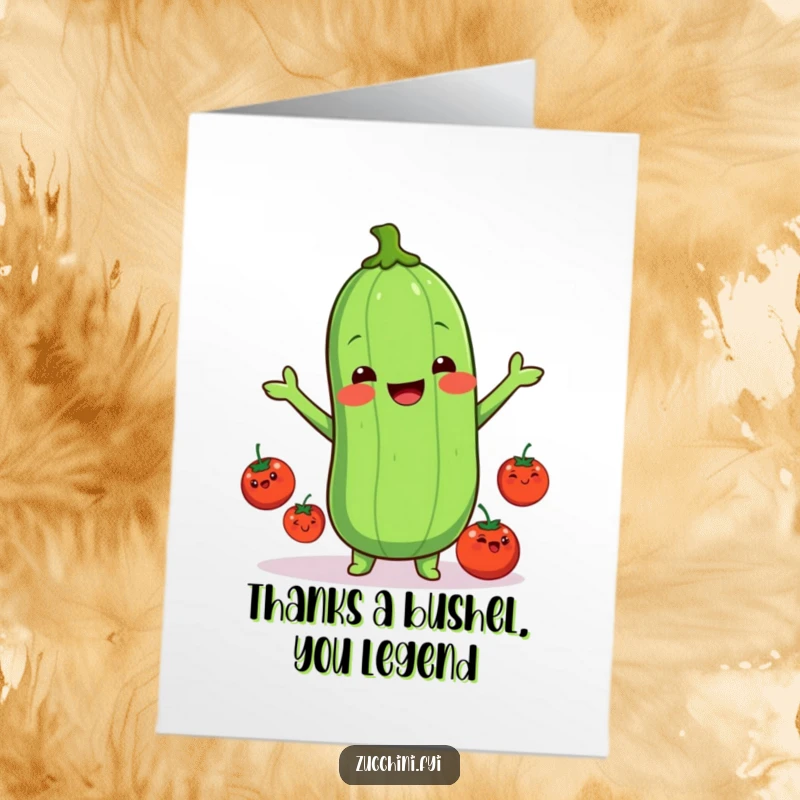 Funny Free Printable Thank You Card: Kawaii zucchini juggles happy tomatoes, expressing thanks with vibrant, playful energy.