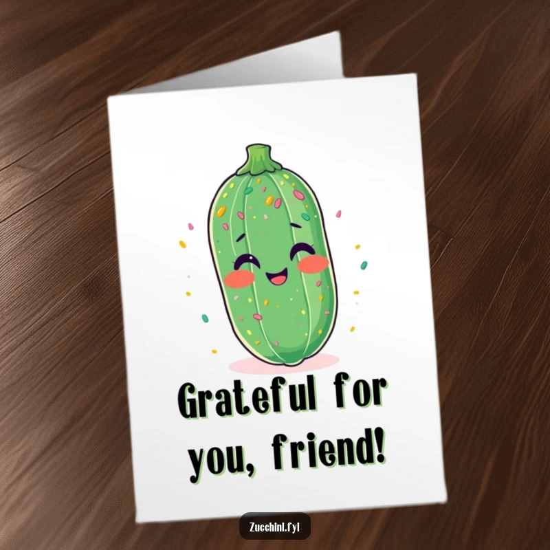 Funny Free Printable Thank You Card: A happy zucchini showered in confetti sends a cheerful thank you message.