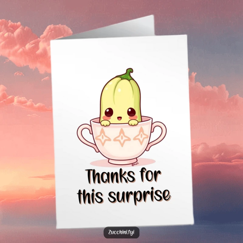 Funny Free Printable Thank You Card: A zucchini sporting a surprised expression peeks out from a tiny teacup, offering thanks humorously.