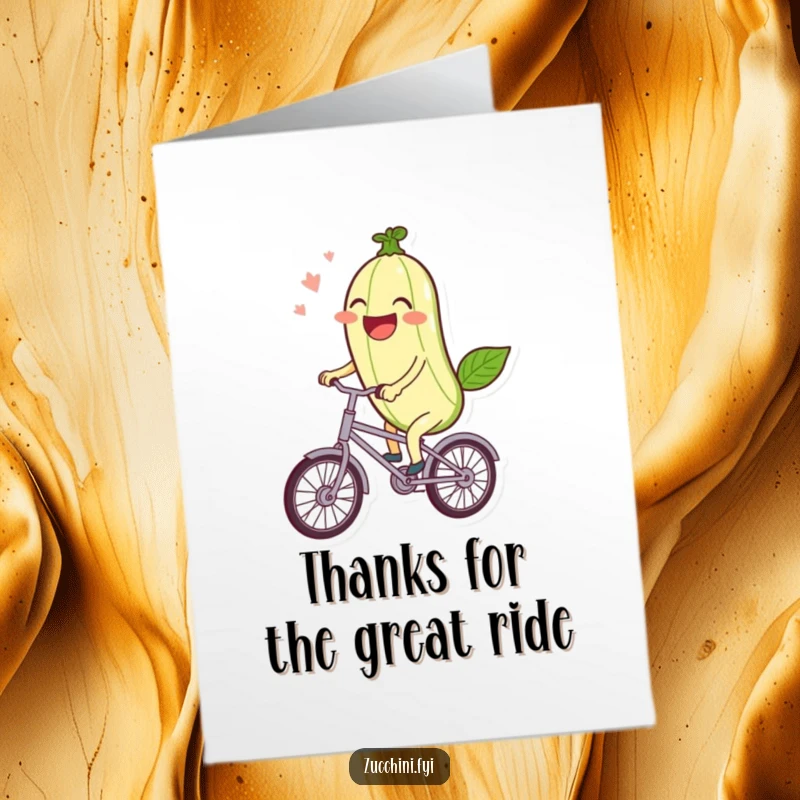 Funny Free Printable Thank You Card: A laughing zucchini joyfully rides a small bicycle.